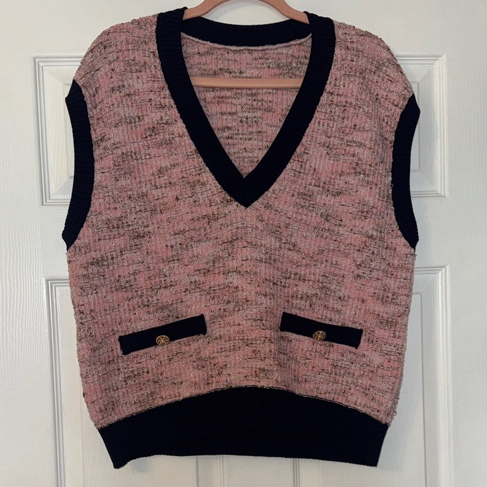Chic Pink & Navy Blue Chanel Style Sweater Vest with Gold Button Detail